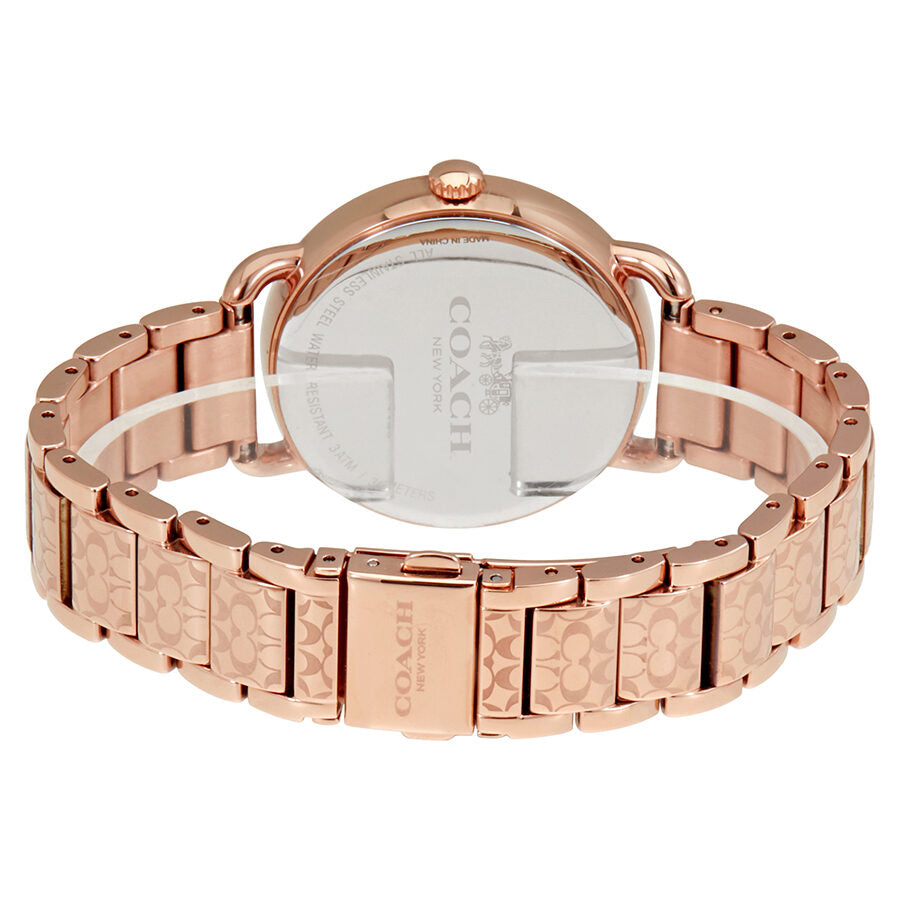 Coach Delancey watch back view showing rose gold case and link bracelet detail