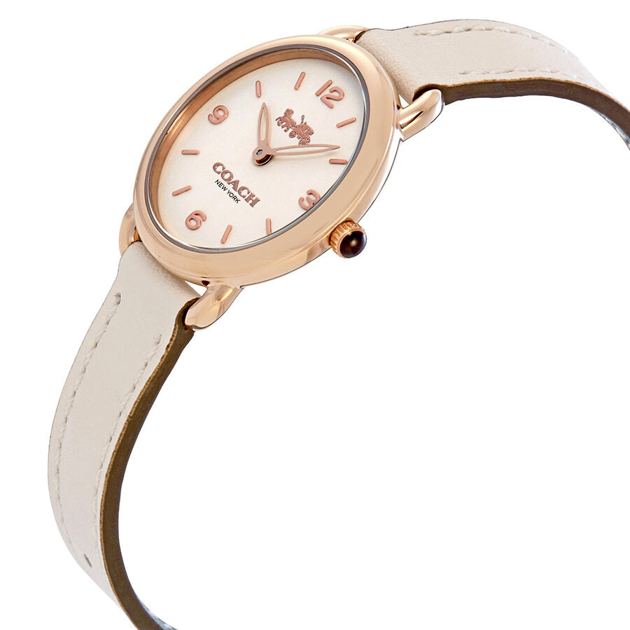 Coach Delancey Slim watch angled view showing white leather strap and rose gold case