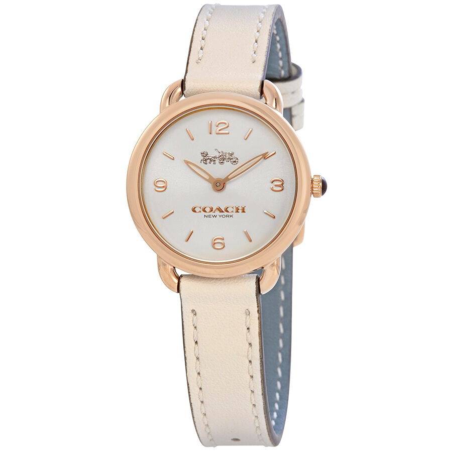 Coach Delancey Slim white dial watch with rose gold case and white leather strap