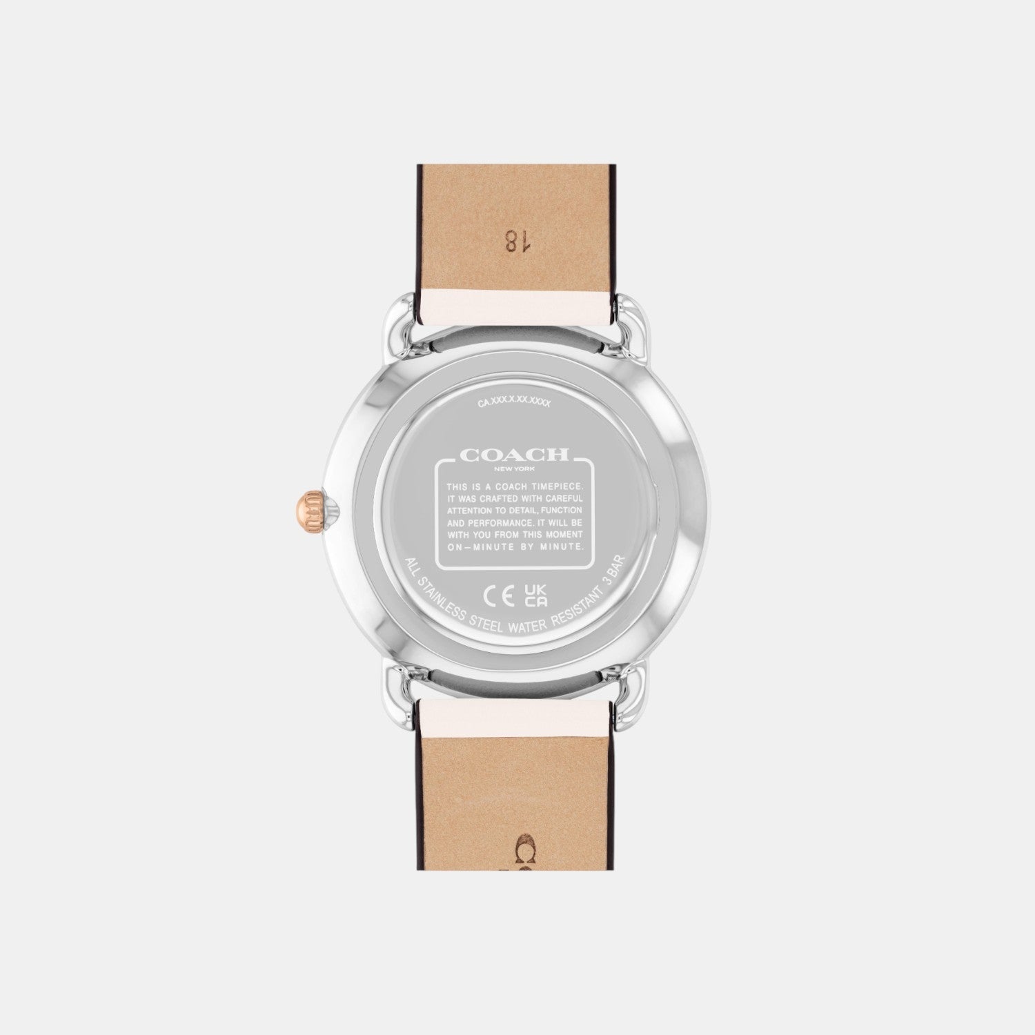 COACH Elliot watch caseback showing stainless steel case back and leather strap detail