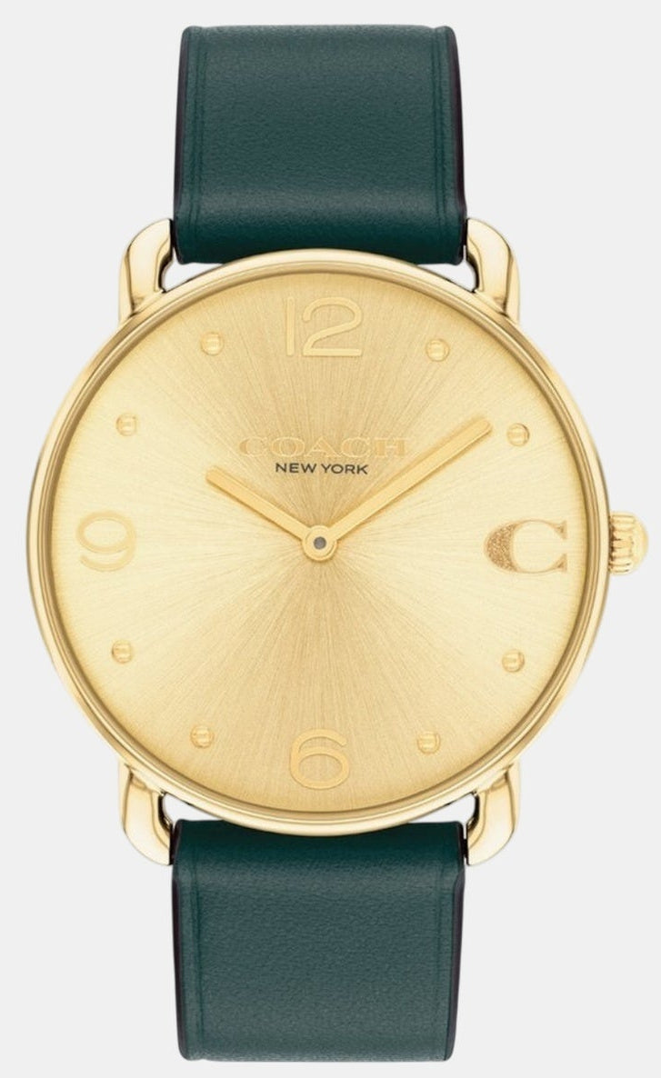 Coach Elliot women's watch with gold dial, gold numerals, and dark teal leather strap
