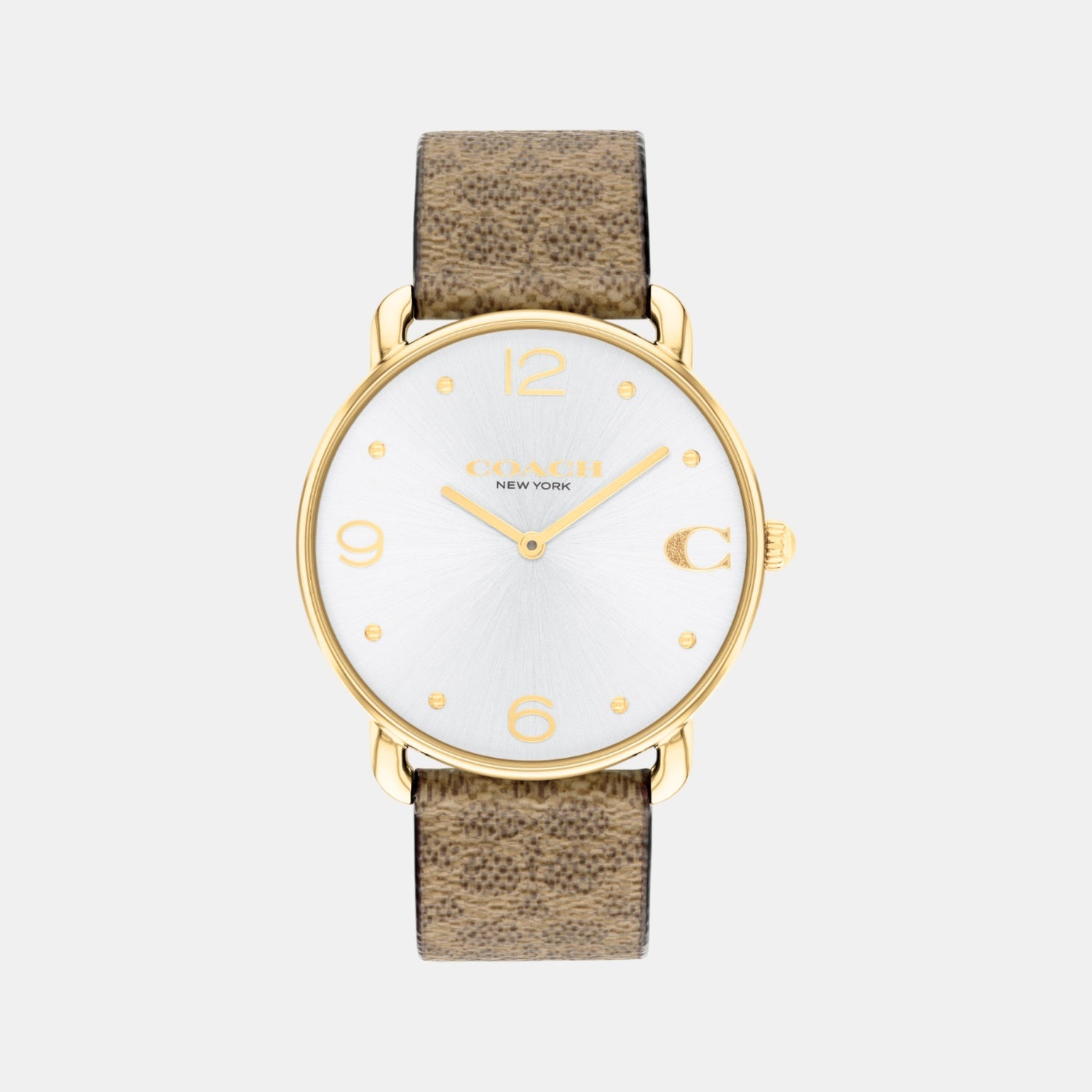 Coach Elliot women's watch with silver-tone dial, gold-tone numerals and hands, gold case, tan canvas strap