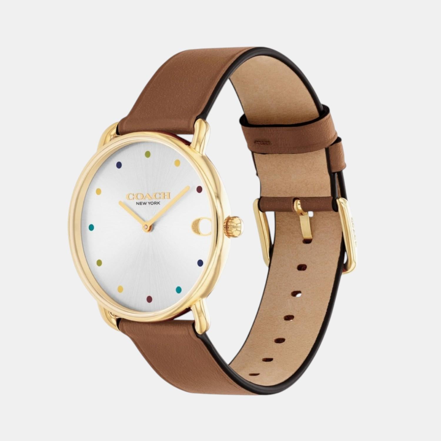 Coach Elliot watch showing gold case and brown saddle leather strap from side angle