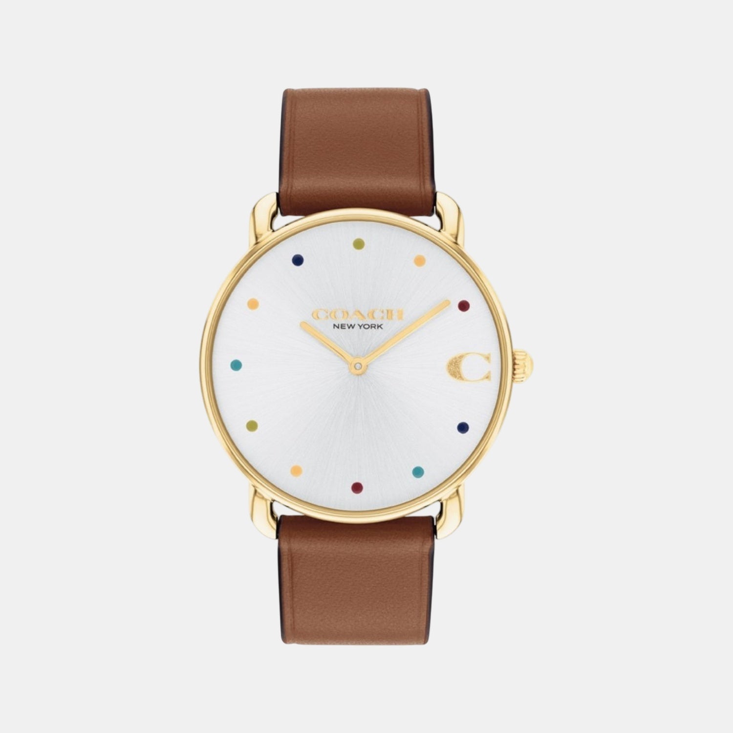 Coach Elliot gold tone watch with white dial, multicolor dot markers, and brown leather strap