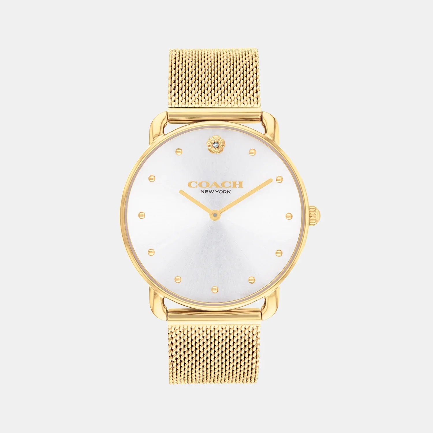 Coach Elliot gold tone watch with silver dial and mesh bracelet, front view