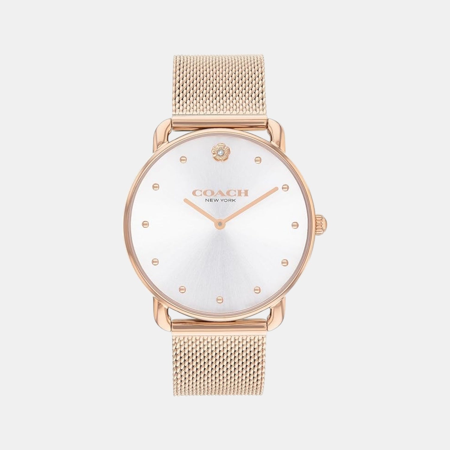 COACH Elliot rose gold-tone watch with white sunray dial and mesh bracelet, front view