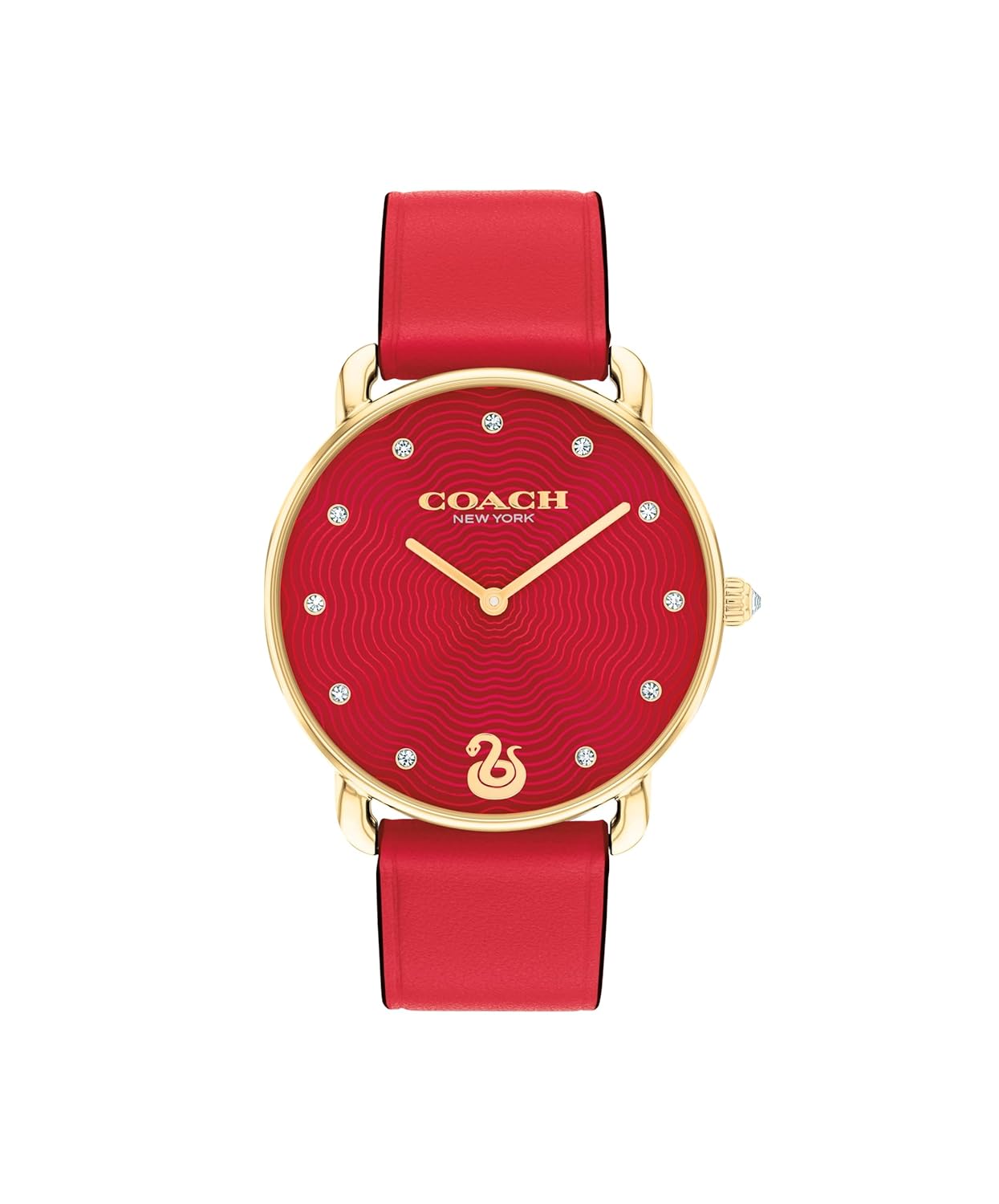 Coach Elliot watch with red dial, gold-tone case, crystal indices, and red leather strap