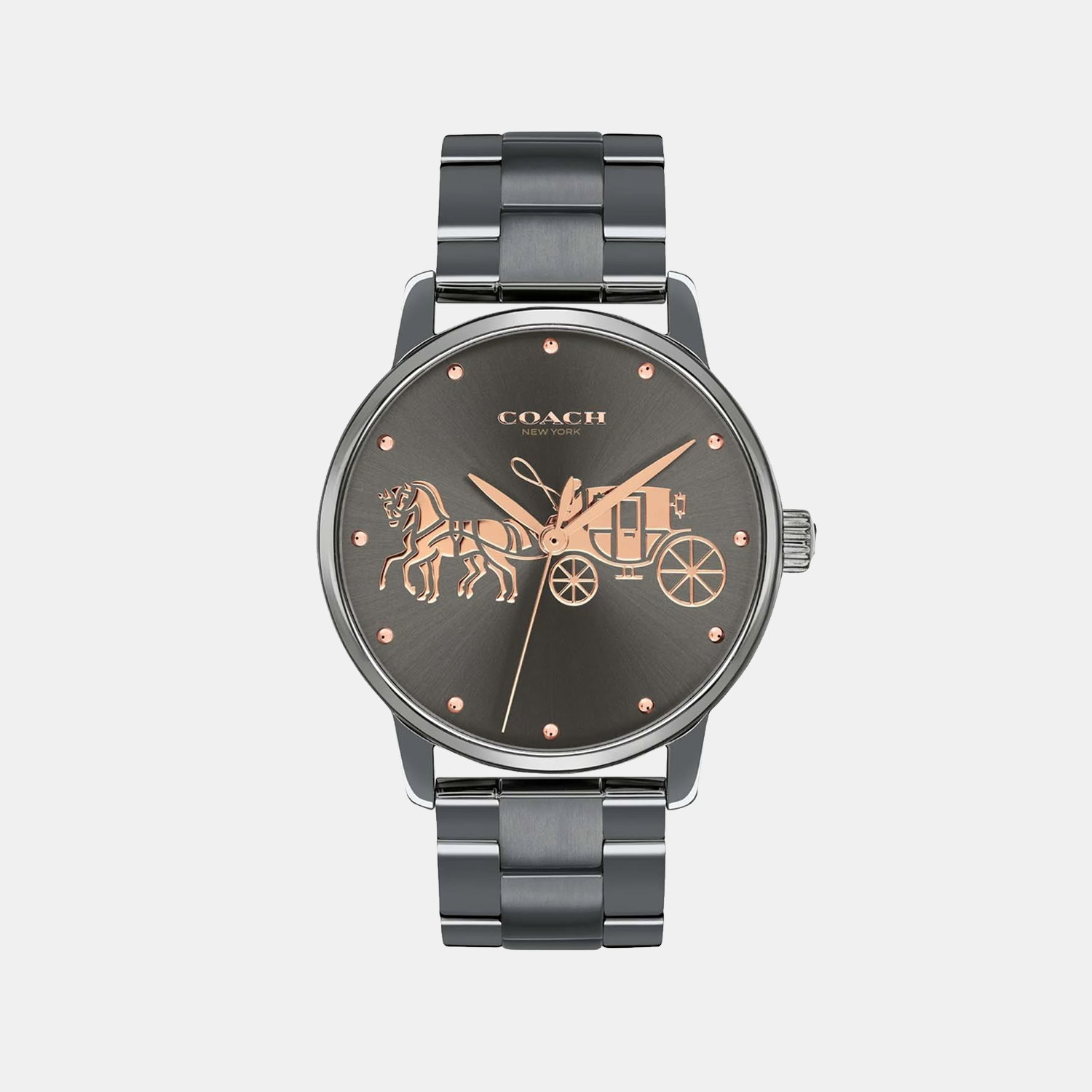 Coach Grand ladies watch with dark grey dial and rose gold horse carriage design on gunmetal-tone link bracelet