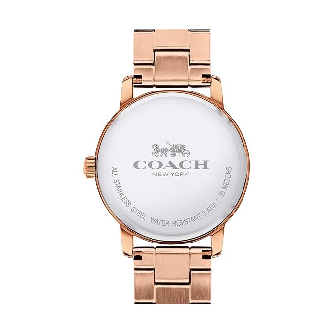 Coach Grand caseback showing water-resistant 3ATM, Coach logo, and New York branding