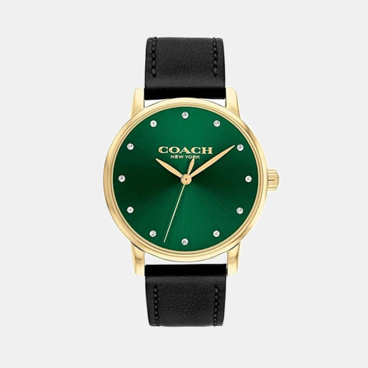 Coach Grand quartz watch with green dial, gold case, and black leather strap
