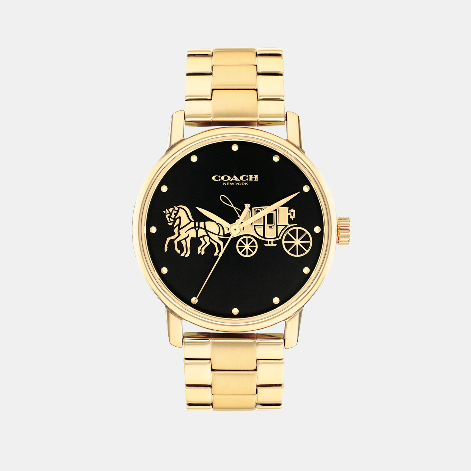 Coach Grand ladies quartz watch with black dial, gold horse and carriage design, gold-tone bracelet