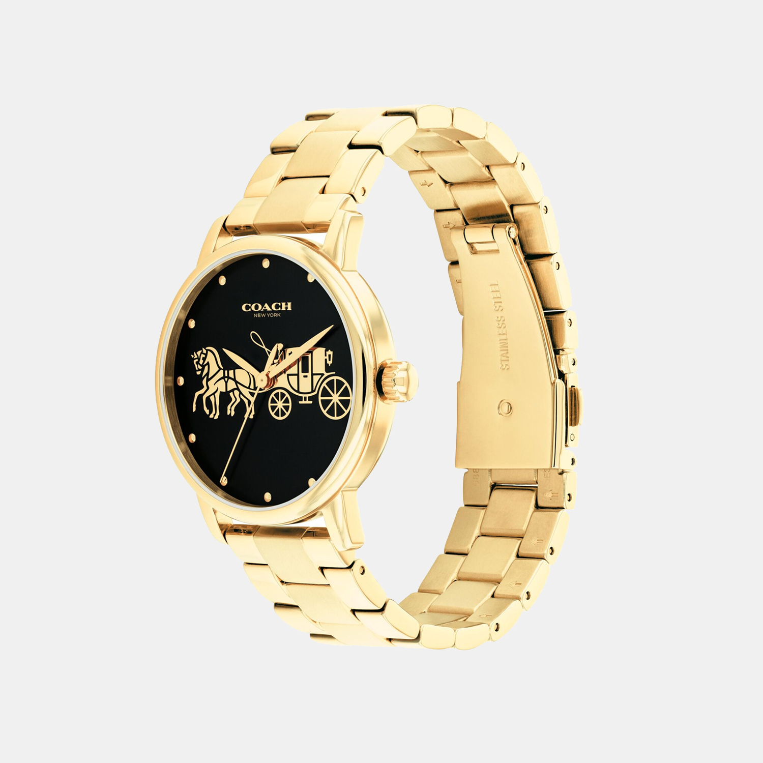Coach Grand watch side view showing gold-tone stainless steel three-link bracelet and black dial