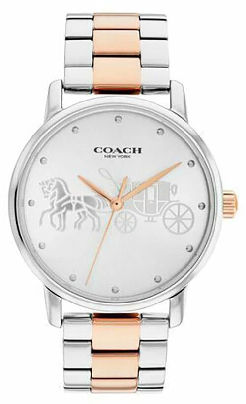 Coach Grand Carriage silver dial watch with two-tone stainless steel bracelet and rose gold accents