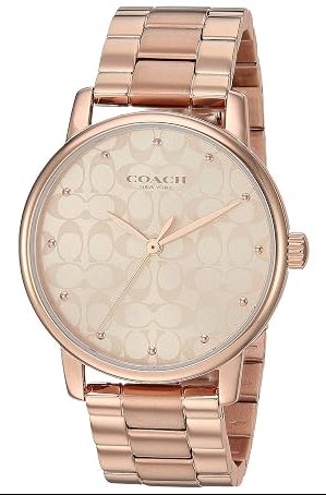 Coach Grand Classic rose gold women's watch with signature printed dial and crystal-studded hour markers