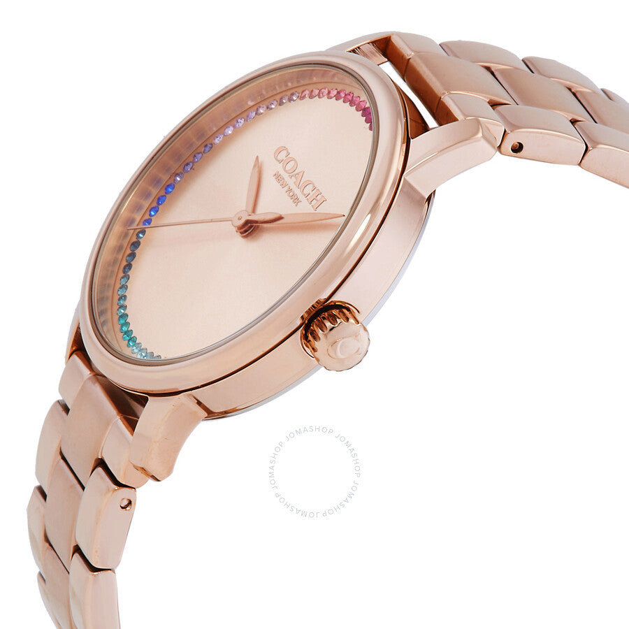 Coach Grand watch side view showing rose gold-tone case and link bracelet