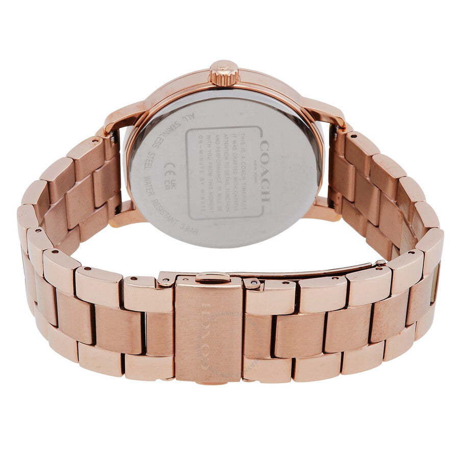Coach Grand watch caseback showing rose gold-tone stainless steel and engravings