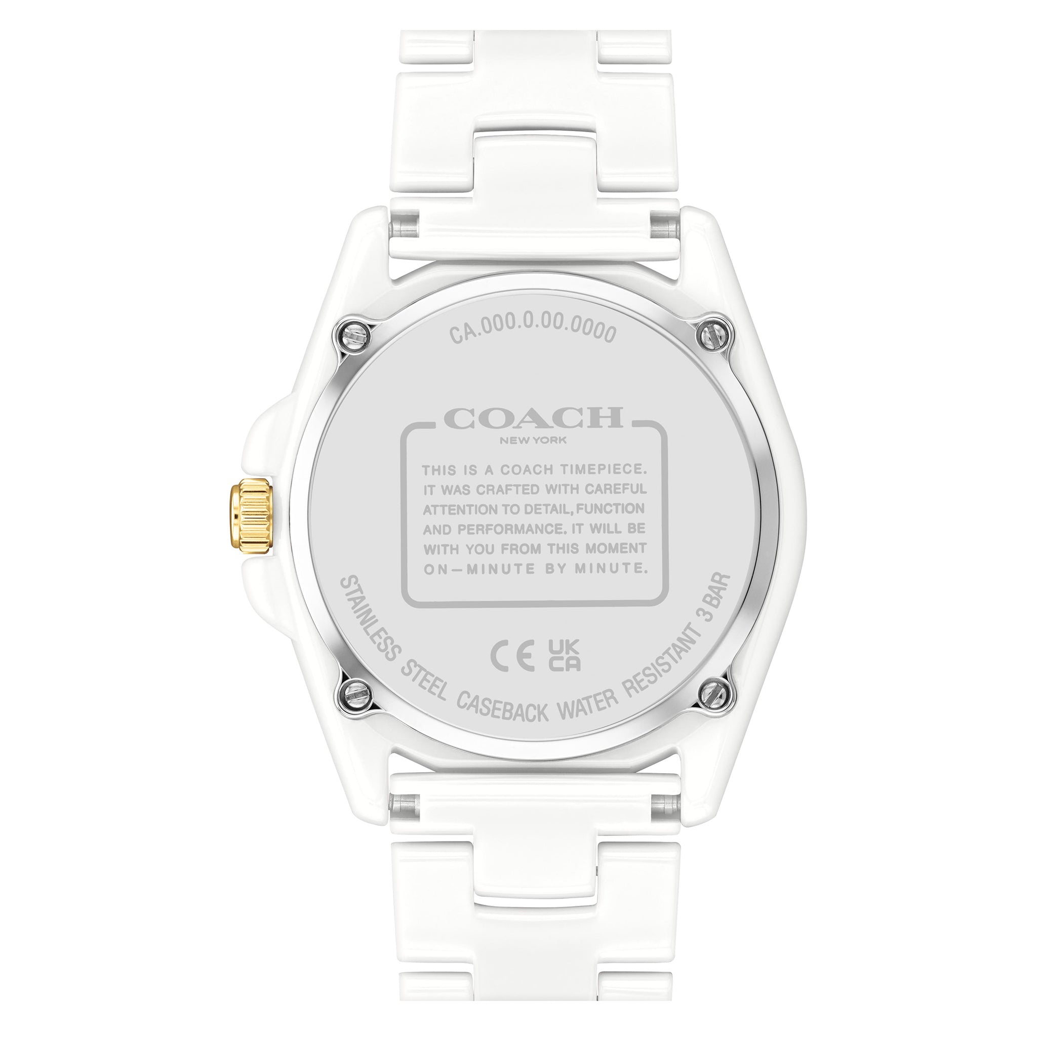 Coach Greyson caseback showing stainless steel case back with engraved Coach branding and specifications