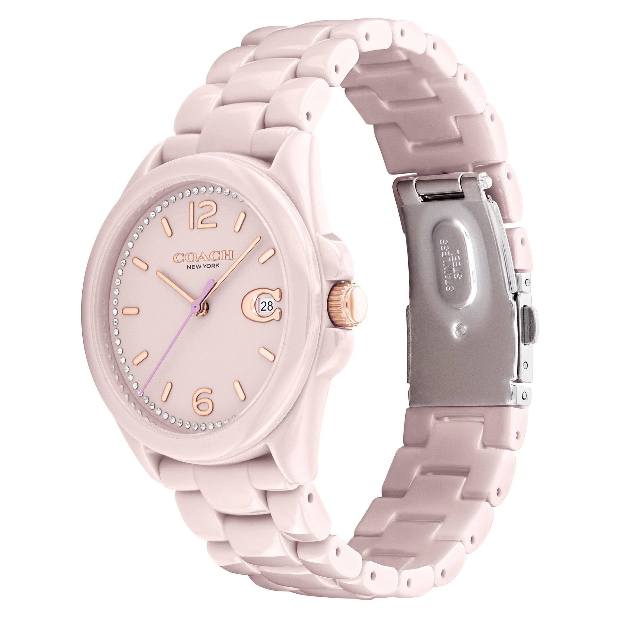 Coach Greyson pink ceramic watch shown from side angle with matching ceramic bracelet strap