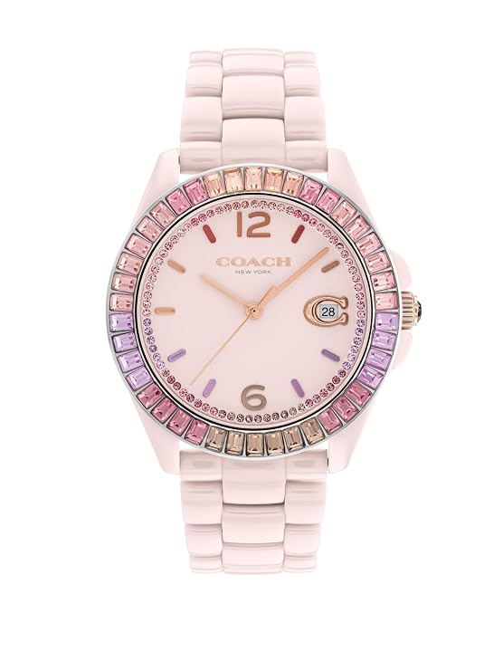 Coach Greyson blush ceramic women's watch with crystal-set bezel and calendar window