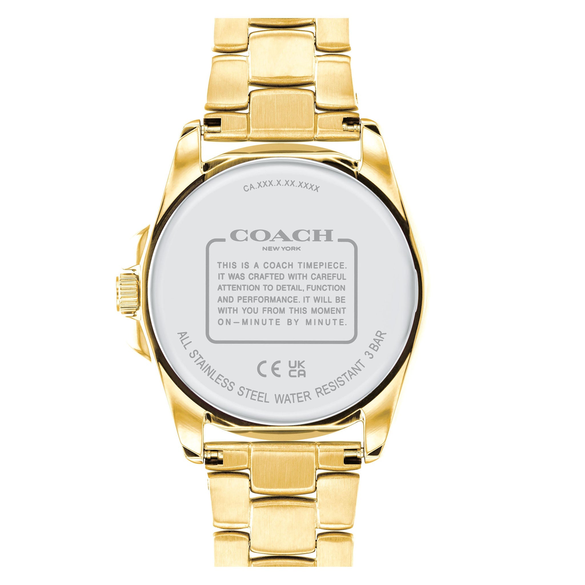 Coach Greyson caseback showing stainless steel water resistant engraving and branding