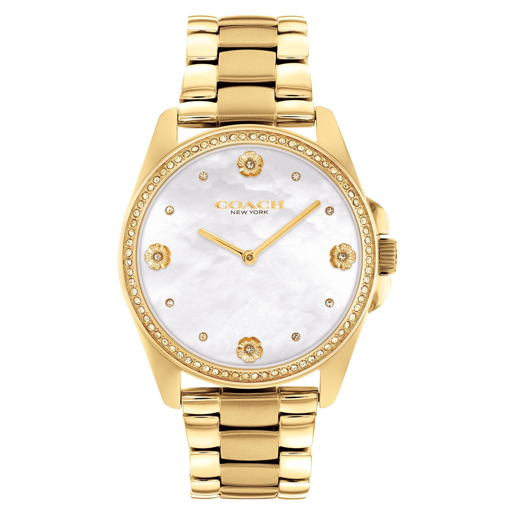 Coach Greyson women's watch with mother-of-pearl dial and crystal-accented bezel in gold tone