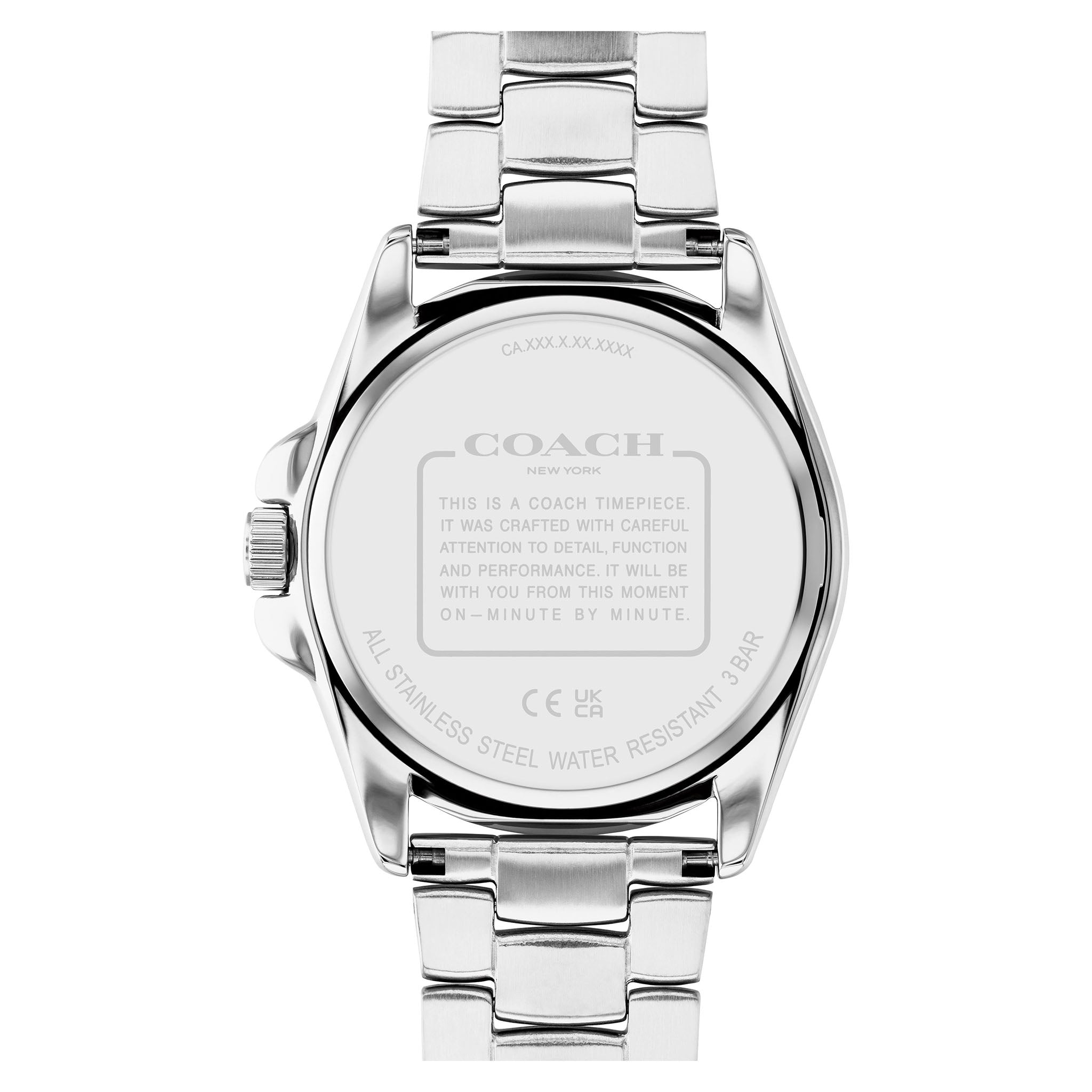 Coach Greyson caseback engraved with Coach branding and water resistance specifications