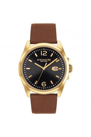 Coach Greyson gold plated watch with black dial, brown leather strap, and date window