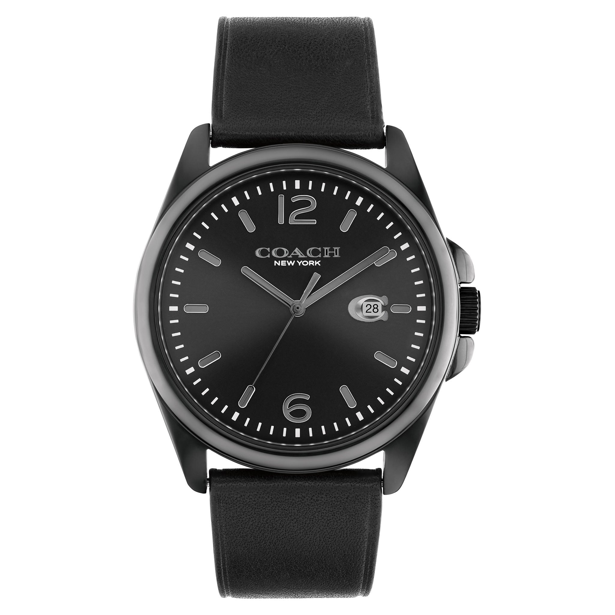 Coach Greyson 41mm black dial men's quartz watch with black leather strap