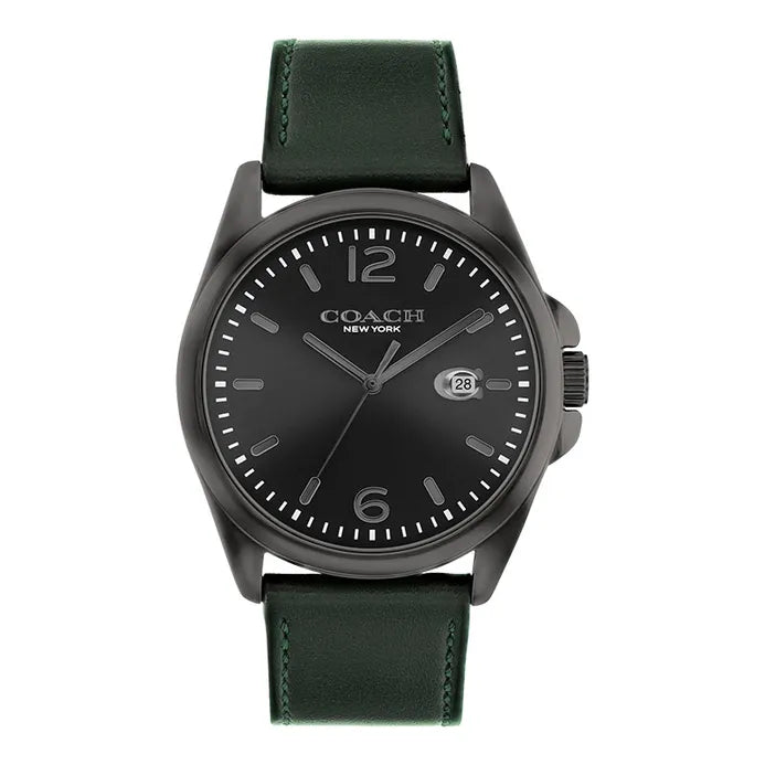 Coach Greyson men's watch with grey dial, green leather strap, and date window