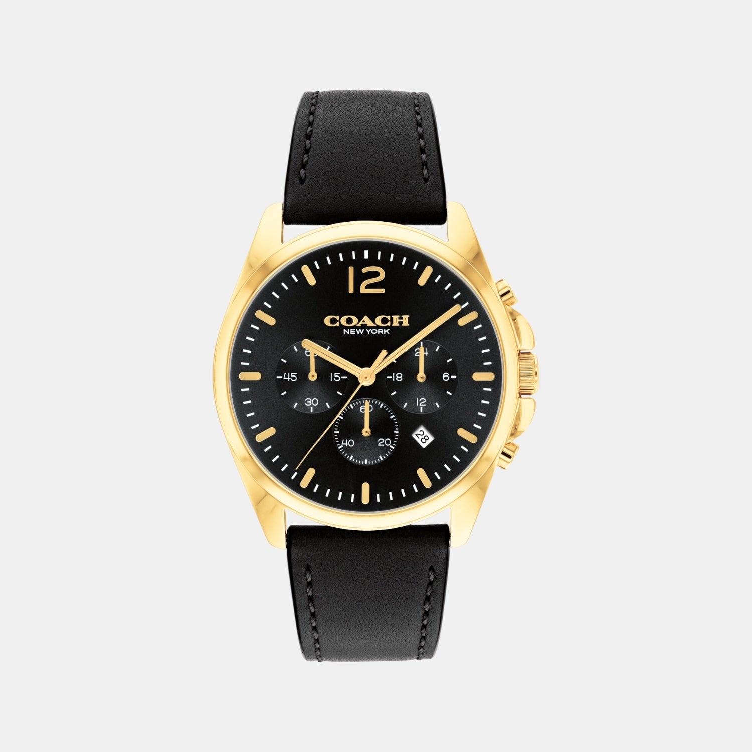 COACH Greyson men's chronograph watch with black dial, gold-tone case, and black leather strap
