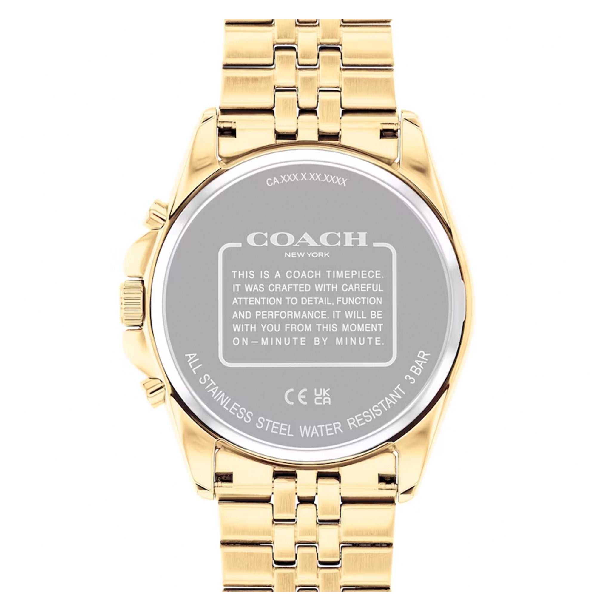 Coach Greyson watch caseback showing stainless steel marking and water resistance details