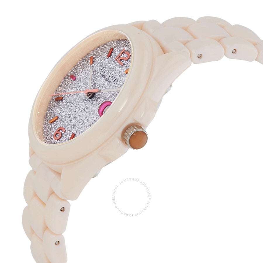 Coach Greyson watch angled side view showing rose-tone strap and glitter grey dial