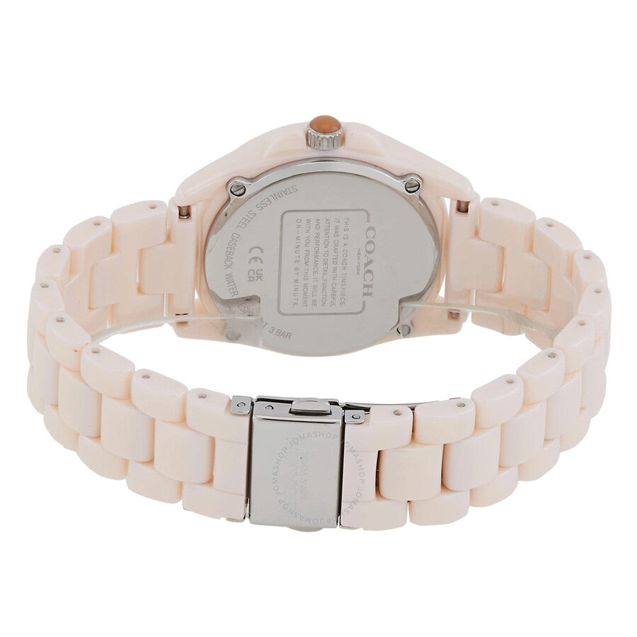 Coach Greyson watch caseback view showing stainless steel case and rose-tone bracelet