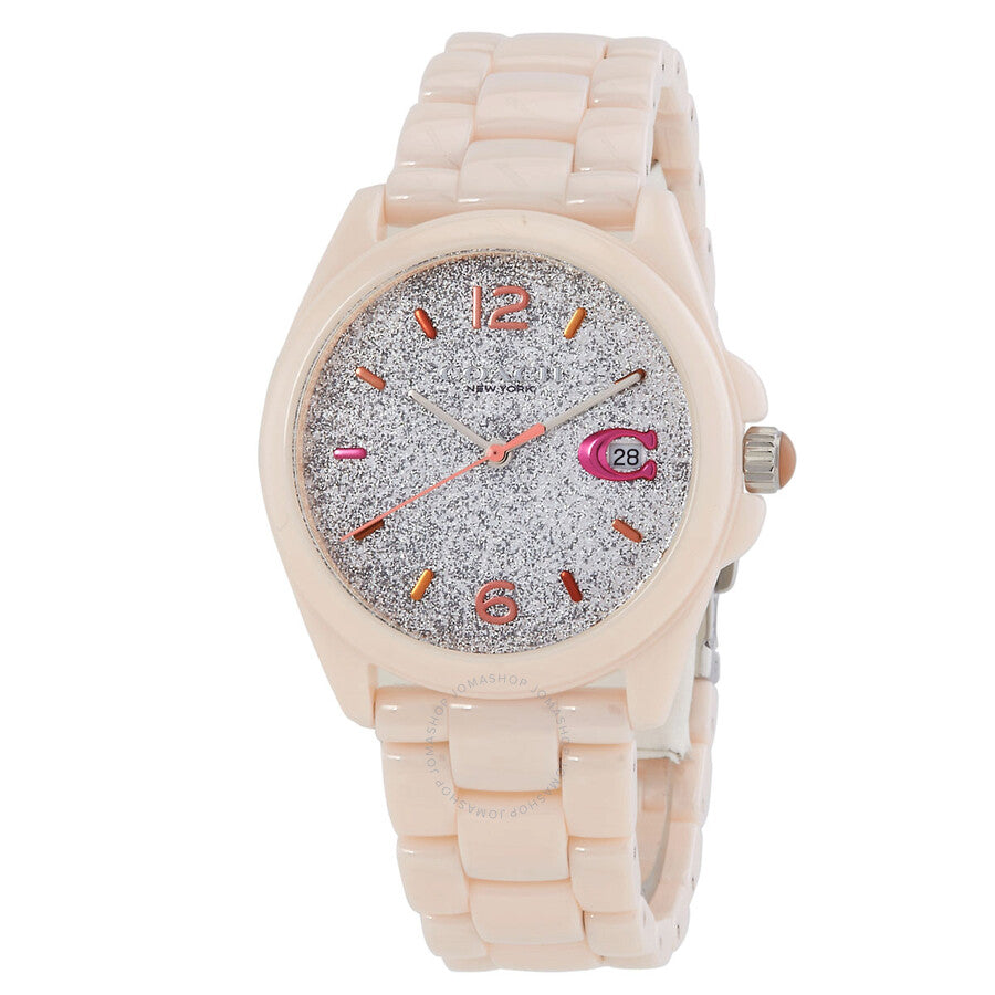 Coach Greyson ladies watch with glitter grey dial, colorful hour markers, and rose-tone bracelet