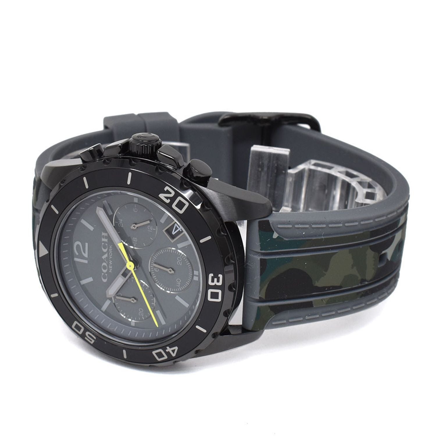 Coach Kent watch displaying side angle with camo strap and black chronograph case