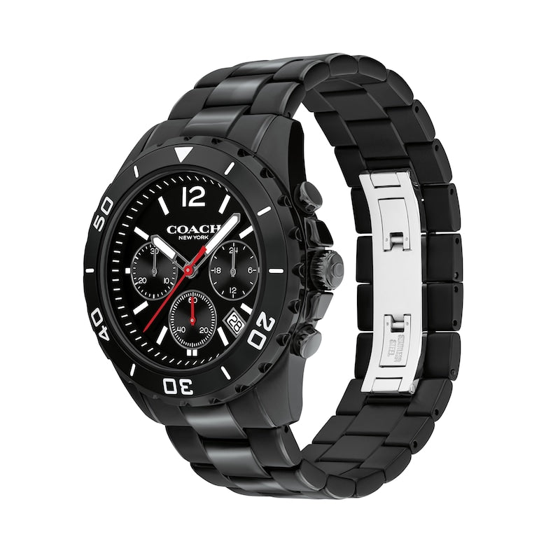 Coach Kent chronograph watch shown at angle with black bracelet clasp visible