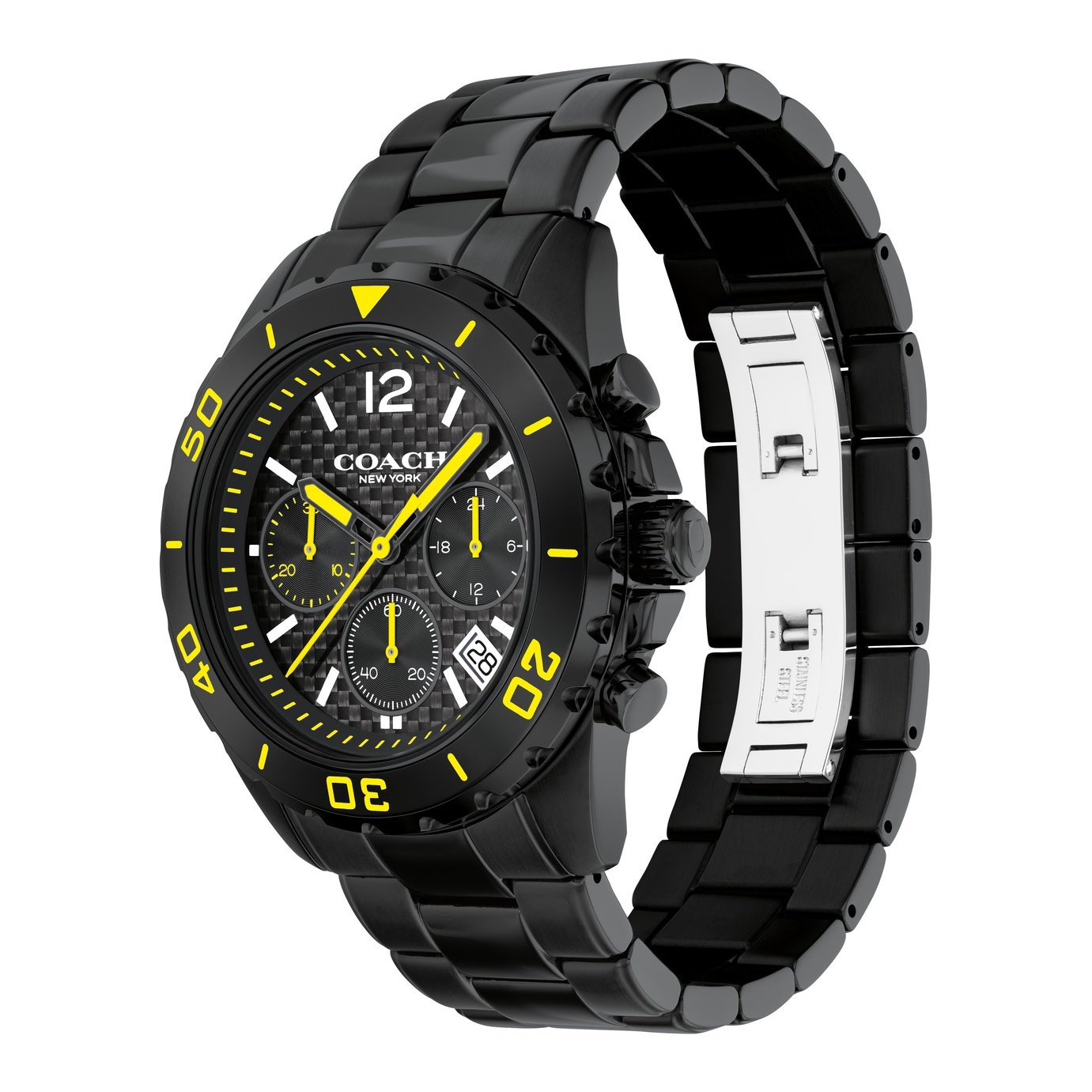 Coach Kent Chronograph watch with angled side view showing bracelet and bezel details