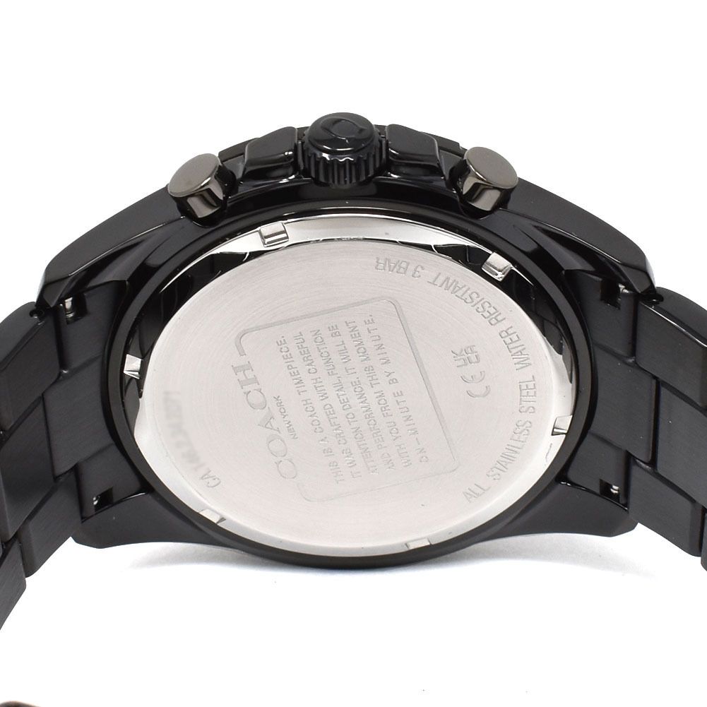 Coach Kent Chronograph caseback showing stainless steel case back and bracelet