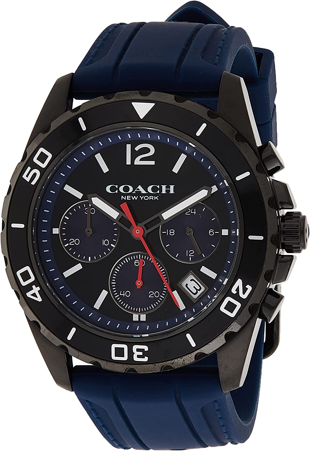 Coach Kent chronograph watch with black dial, blue silicon strap, and three subdials