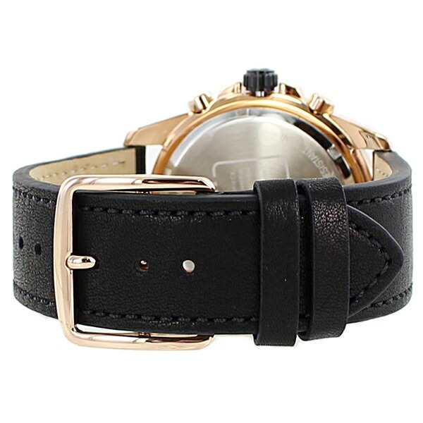 Coach Kent men's watch strap detail showing black leather band with rose gold buckle