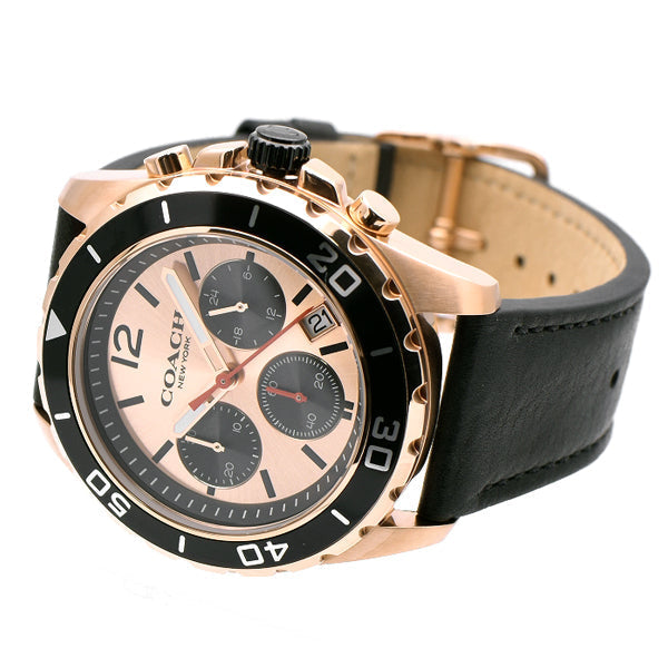 Coach Kent rose gold chronograph watch side angle view showing rose gold case and strap