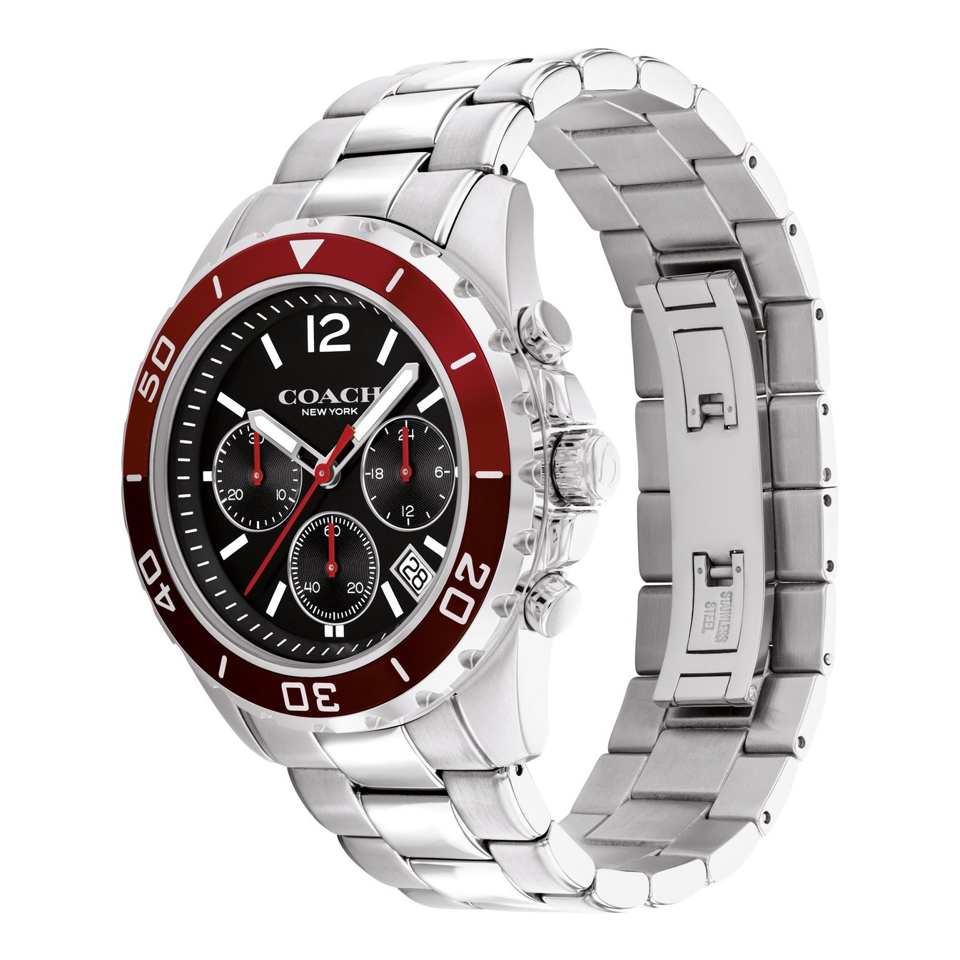 Coach Kent watch shown from side angle displaying full stainless steel bracelet and red bezel detail