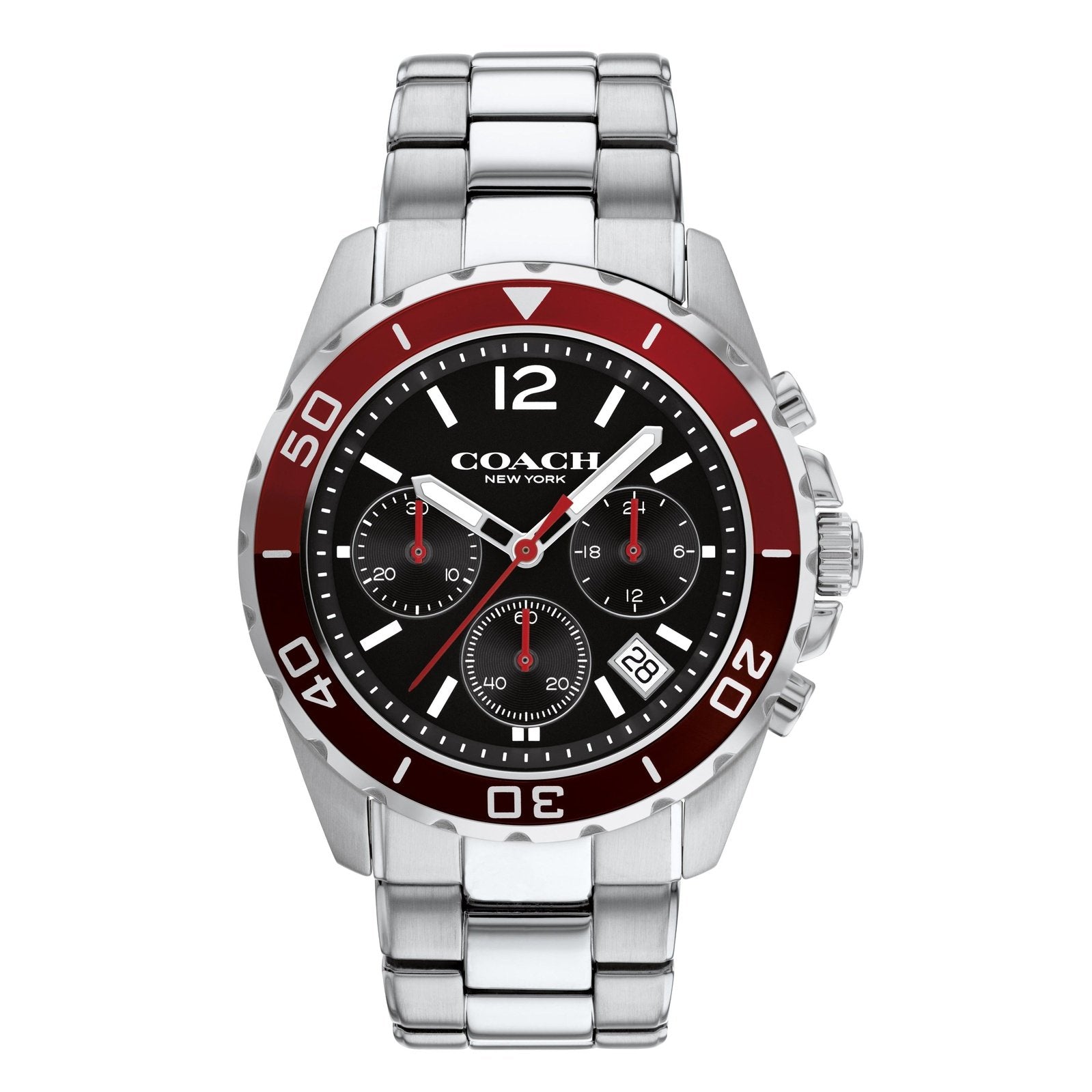Coach Kent stainless steel men's watch with silver bracelet, red bezel, and black chronograph dial