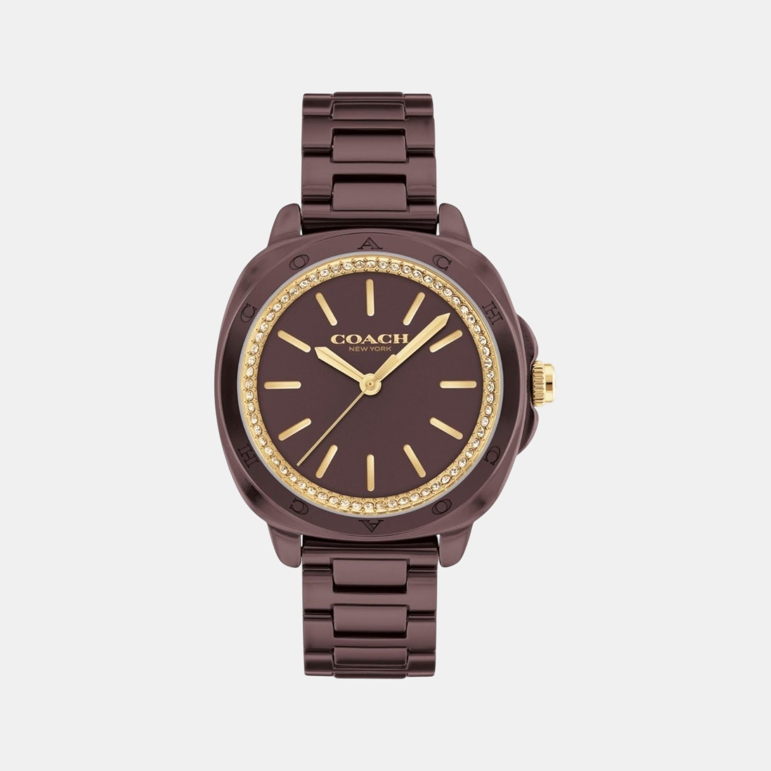 Coach Kitt brown ceramic women's watch with champagne dial and crystal bezel, front view