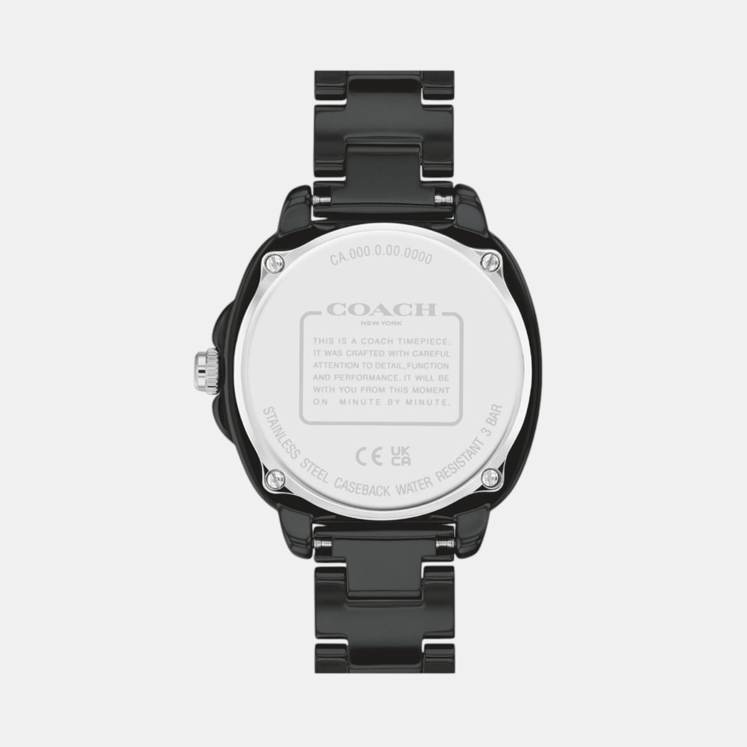 Coach Kitt watch caseback showing engraved text and water resistance certification