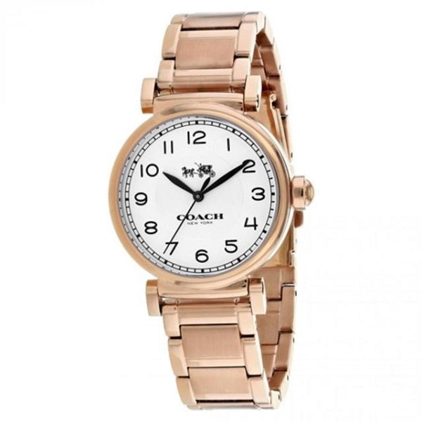 Coach Madison rose gold stainless steel women's watch with white dial and Arabic numerals