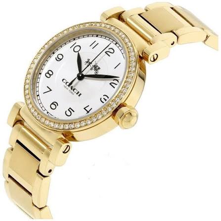 Side angle view of Coach Madison watch showing gold bracelet and crystal-bezel case