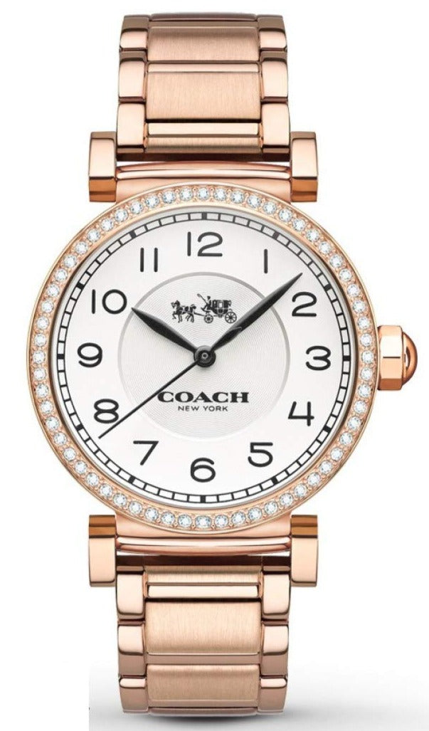 Coach Madison ladies watch with white dial, crystal bezel, and rose gold-tone bracelet