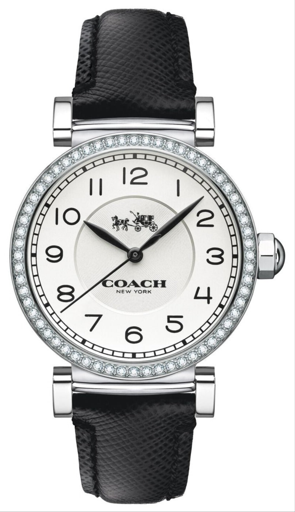 Coach Madison silver glitz case watch with white dial, crystal bezel, and black leather strap