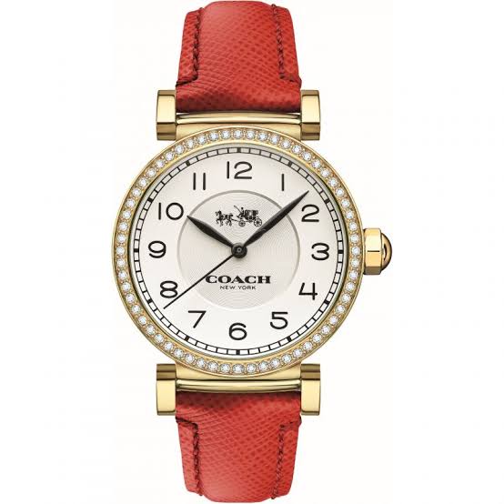 Coach Madison white dial ladies watch with red leather strap and crystal-set bezel